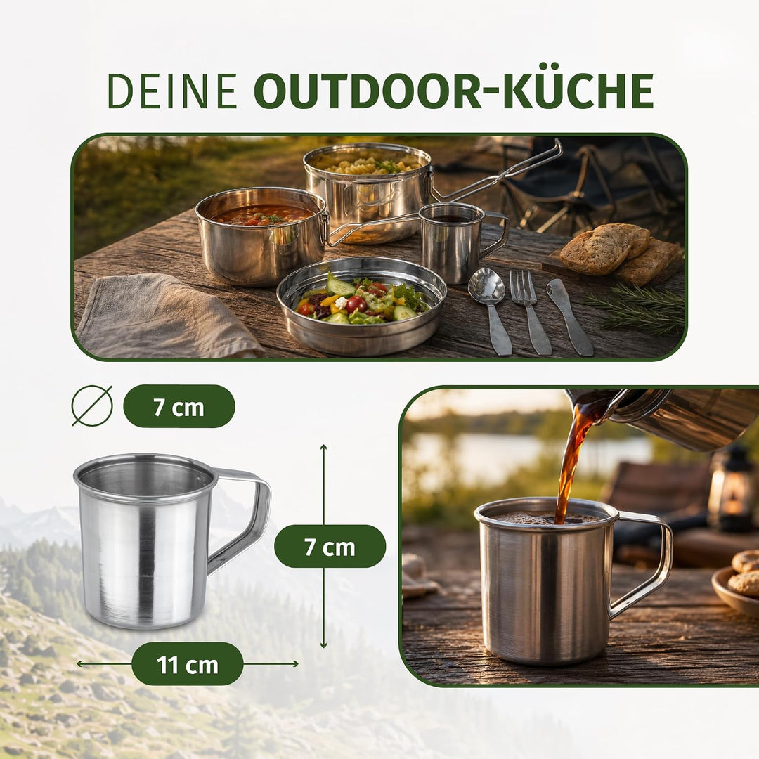 Moritz Camping Kochgeschirr Set 7-teilig Edelstahl - Topf Becher Besteck | Für 1-2 Personen, stapelb