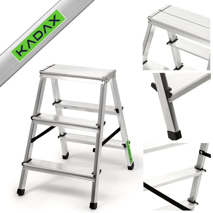 KADAX Trittleiter aus Aluminium 3 Stufen, Klapptritt bis 125kg, Stufenleiter mit Antirutschstufen, S
