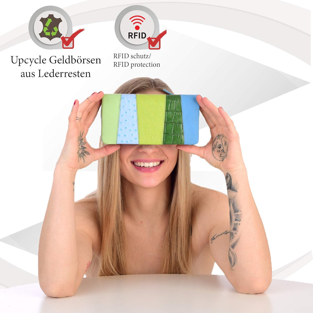 Sunsa Geldbörse. Leder Geldbeutel. Grosser Portemonnaie mit RFID Schutz. Damen Brieftasche mit viele