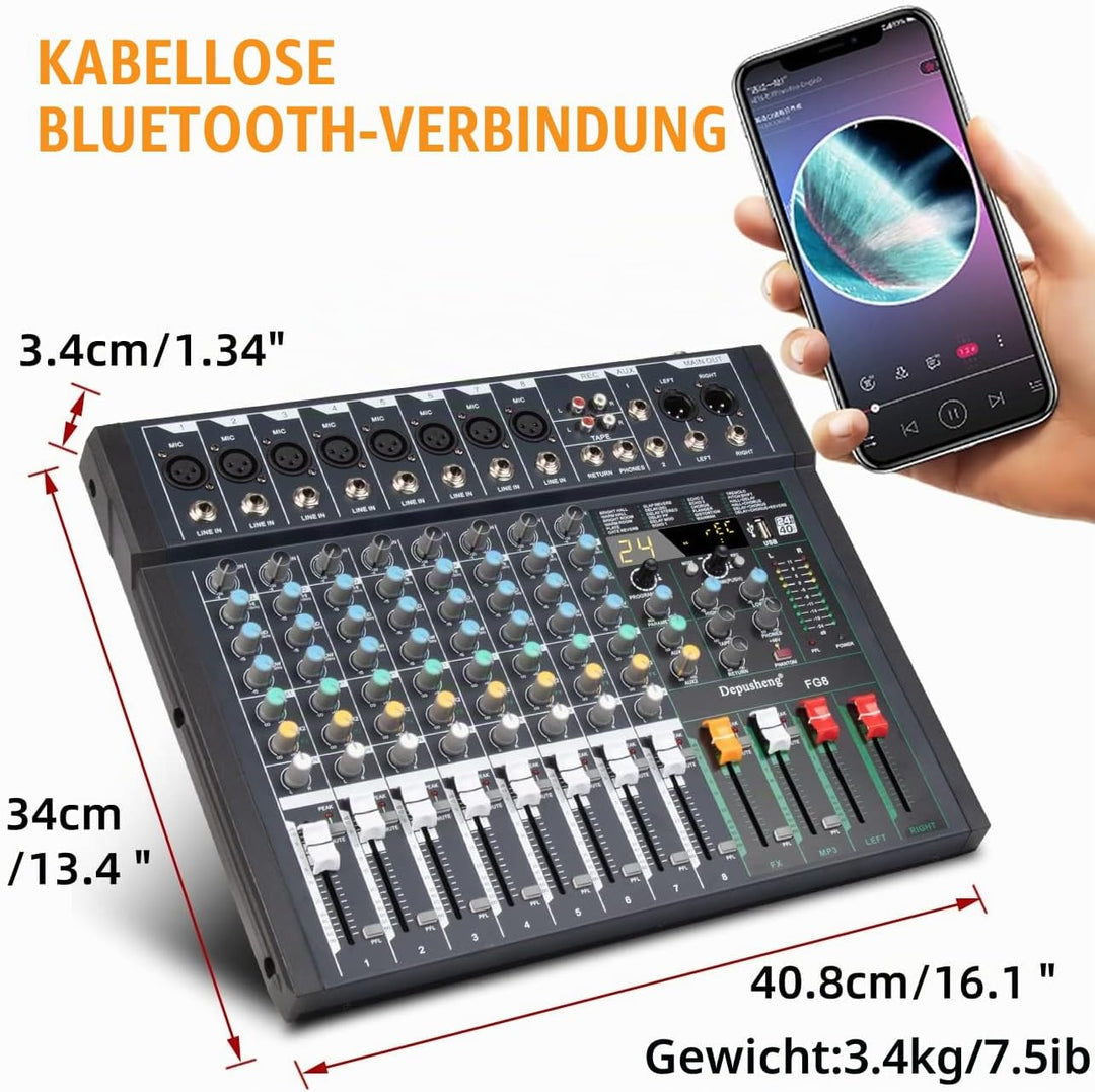 Depusheng FG8 Professioneller 8-Kanal-Audio-Mixer für Computeraufnahmen, Sound-Controller-Schnittste