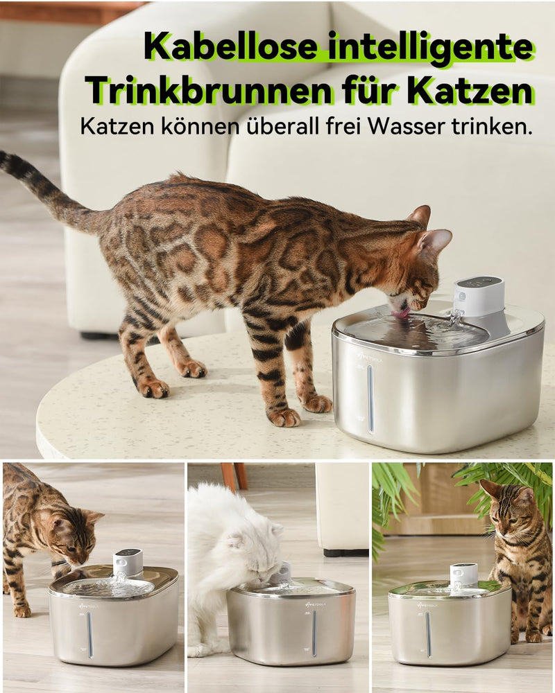 Katzenbrunnen Kabellos mit Bewegungsmelder, 4L Trinkbrunnen für Katze & Edelstahl Hunde mit Batterie