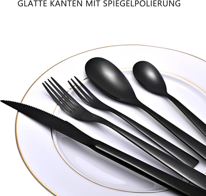 Otto Koning - Berlin - Besteck schwarz 4 Personen, Essbesteck Set 20 teilig, Titanium schwarz platti
