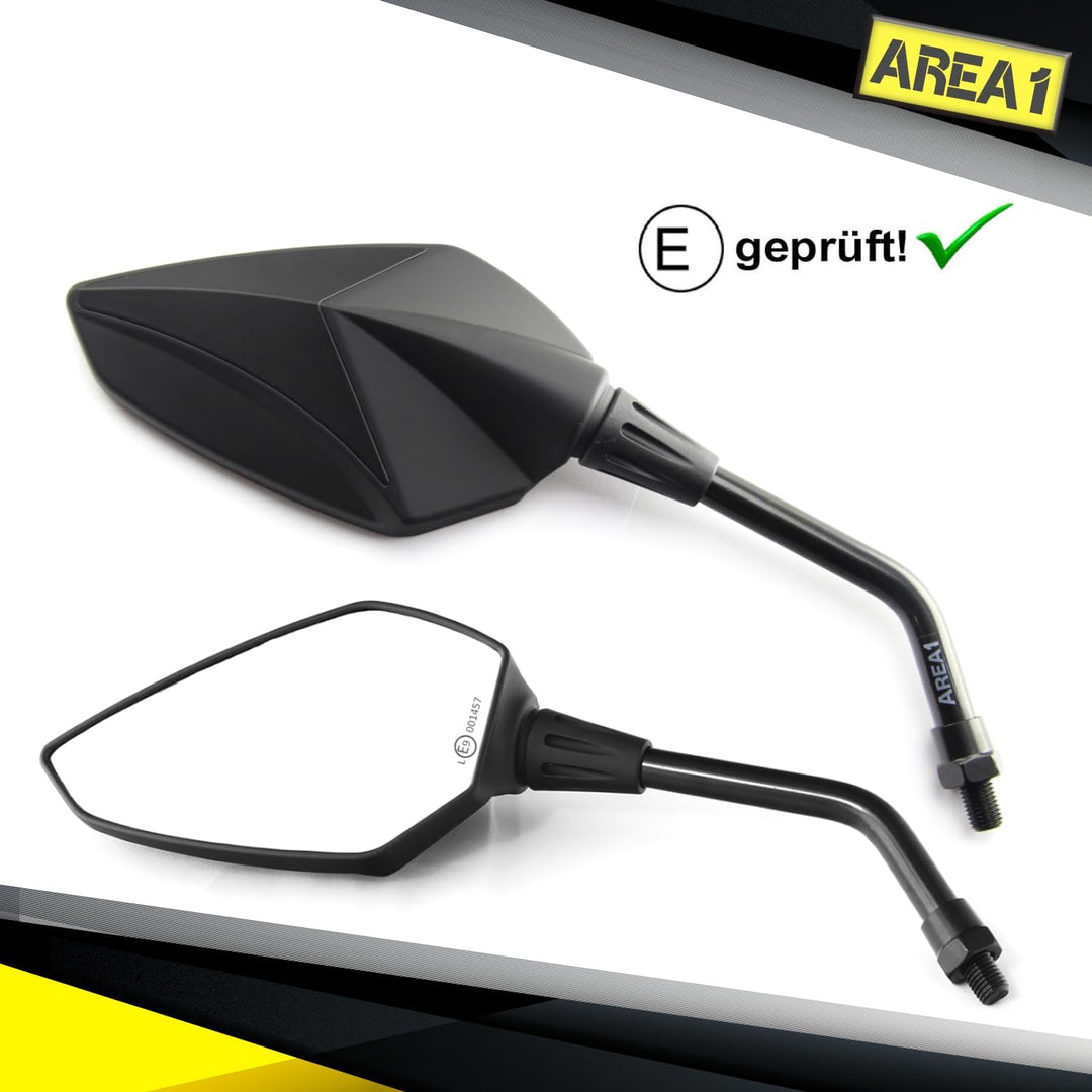 Area1 Universal Motorrad Rückspiegel Paar e-geprüft 2x M10 Rechtsgewinde + Linksgewindeadapter, komp