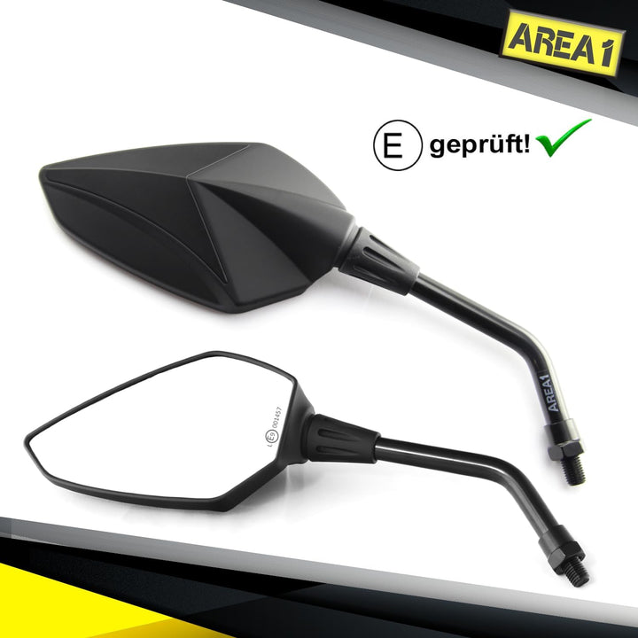 Area1 Universal Motorrad Rückspiegel Paar e-geprüft 2x M10 Rechtsgewinde + Linksgewindeadapter, komp