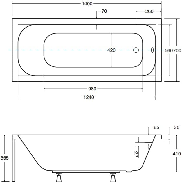 KOLMAN Badewanne CONTINEA Rechteck 140x70 mit Wannenträger, Ablaufgarnitur und Füssen Komplettset 4i