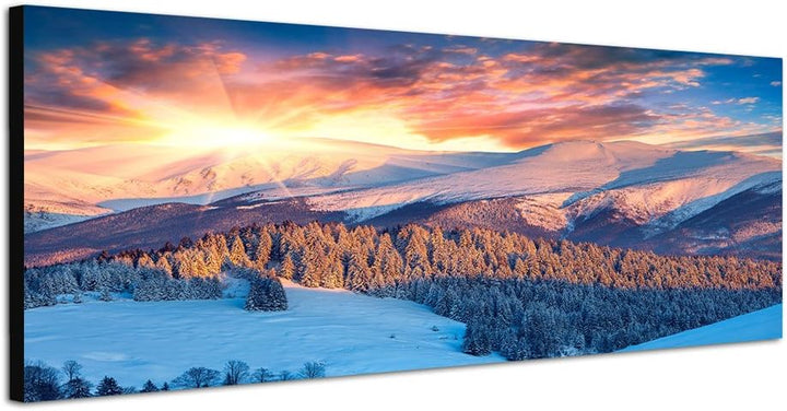 Paul Sinus Art Panoramabild auf Leinwand und Keilrahmen 150x50cm Berge Wald Schnee Wolken Sonnenaufg