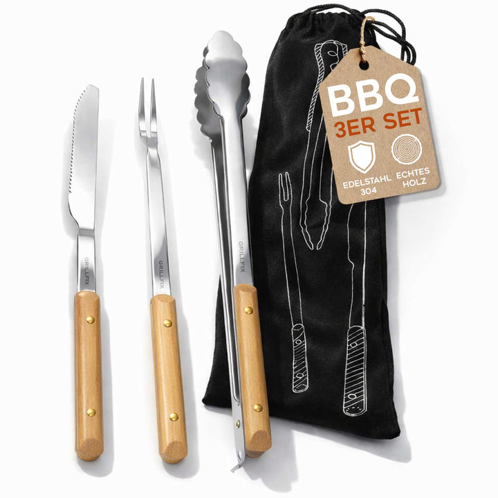 BBQ Grillbesteck Set extra lang 38cm, aus Edelstahl holzverziert | 3-teilig Geschenkset für Männer u