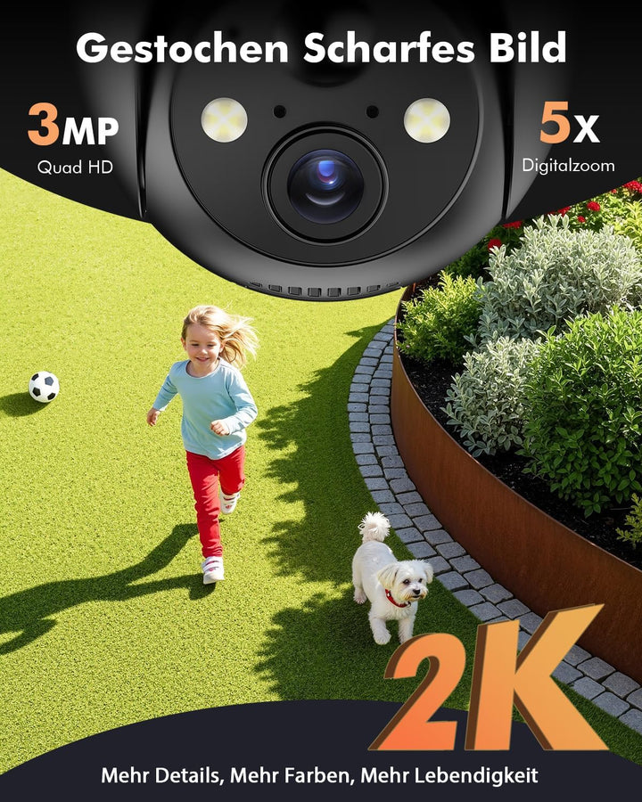 2 K Überwachungskamera, WLAN, für den Aussenbereich, kabellos, Solarpanel, 360 °, PTZ, Kamera, für d