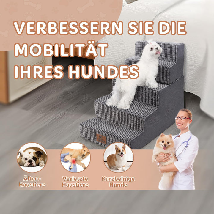 Sytopia Hundetreppe Grosse Hunde 5 Stufen Hoch, Hundetreppe für Bett 60cm, Haustiertreppe waschbar,
