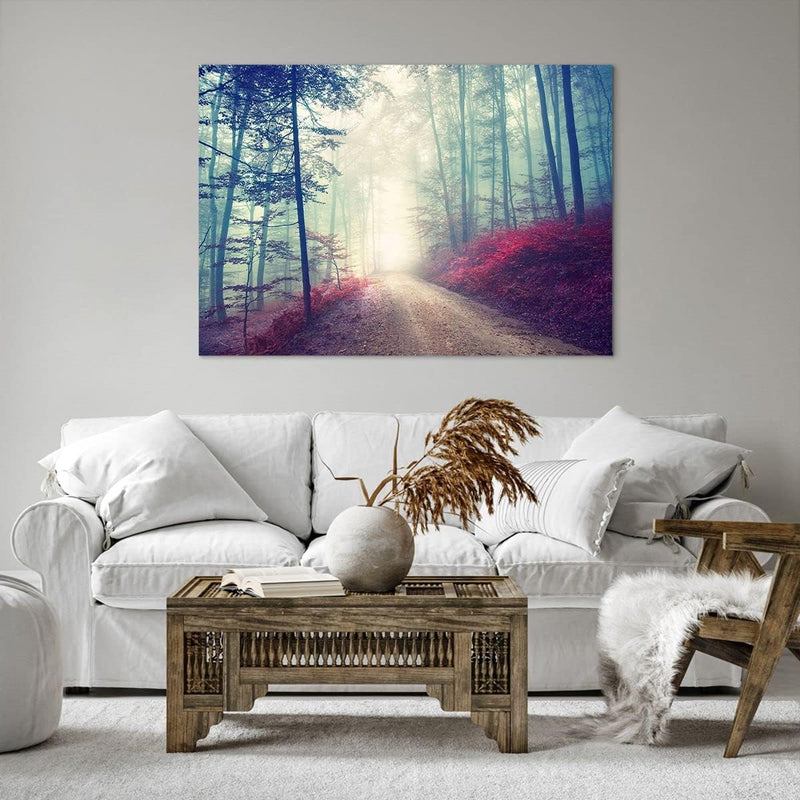 Bilder auf Leinwand 100x70cm Leinwandbild mit Rahmen Wald Baum Natur Gross Wanddeko Bild Schlafzimme