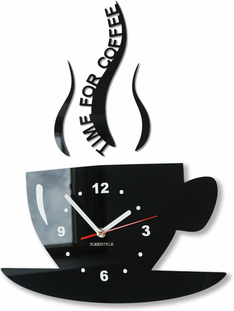 FLEXISTYLE Tasse Zeit für Kaffee Moderne Küche Wanduhr, schwarz, 3D römisch, wanduhr deko, Schwarz