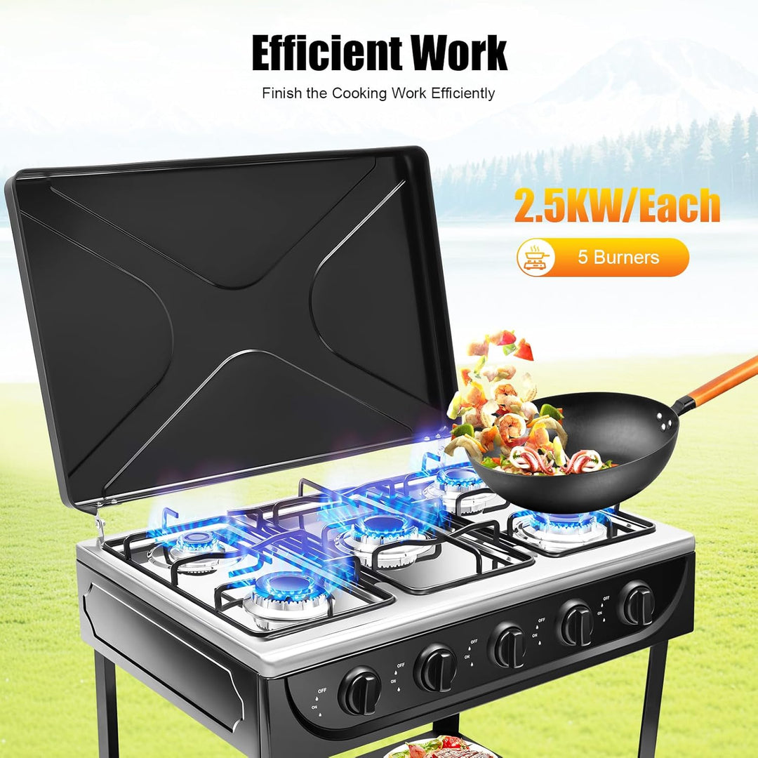 Gasherd 5 Flammen 2 5KW Propan Gaskochfeld Freistehend Outdoor Camping Kochfeld mit Ablageflächen un