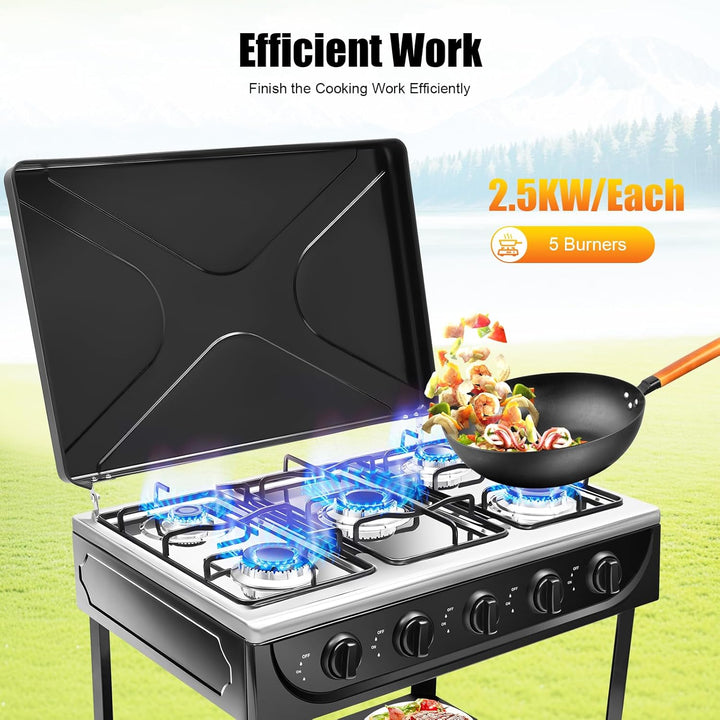 Gasherd 5 Flammen 2 5KW Propan Gaskochfeld Freistehend Outdoor Camping Kochfeld mit Ablageflächen un