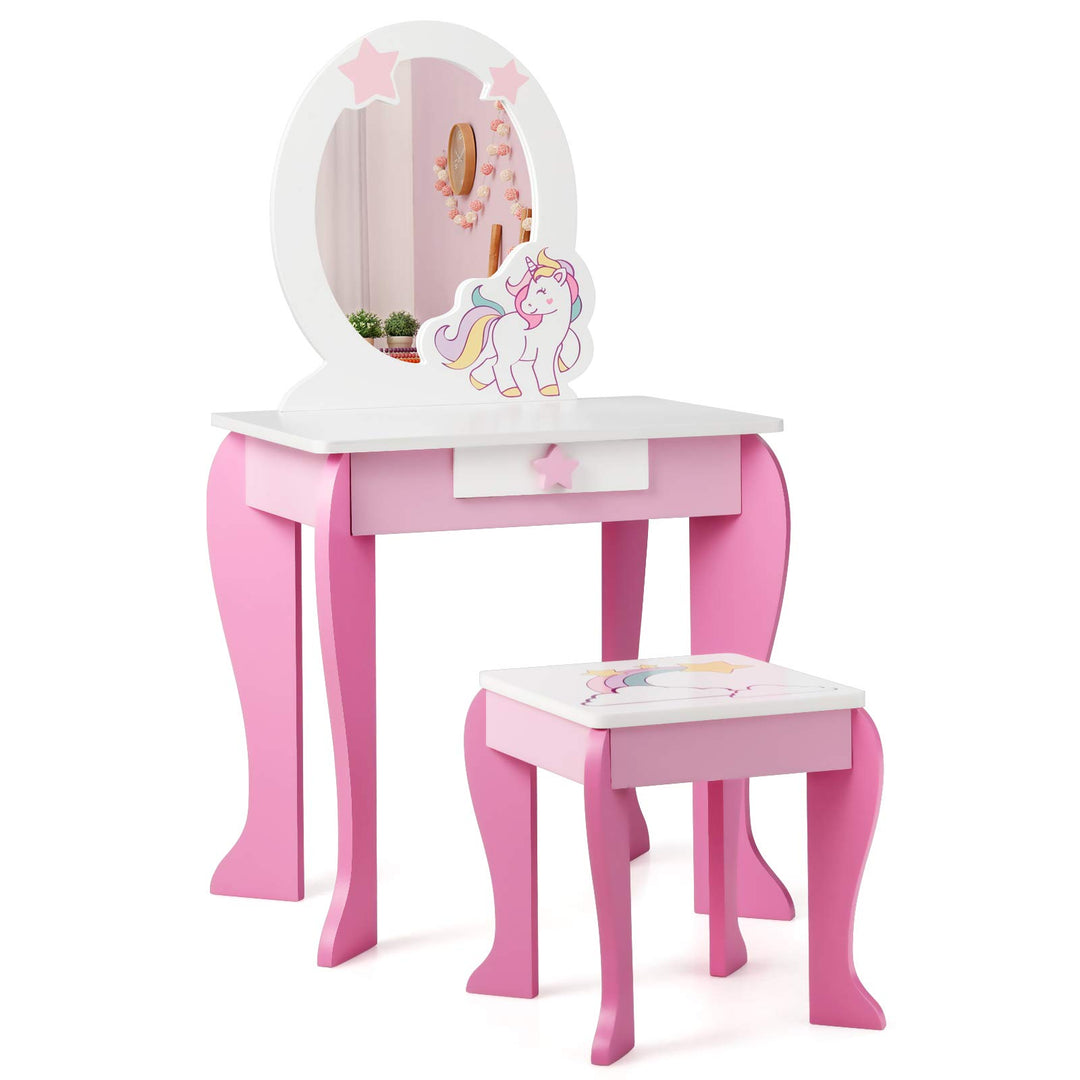 DREAMADE Kinder Schminktisch mit Hocker und Abnehmbarer Spiegel, Prinzessin Frisiertisch für Kinder,
