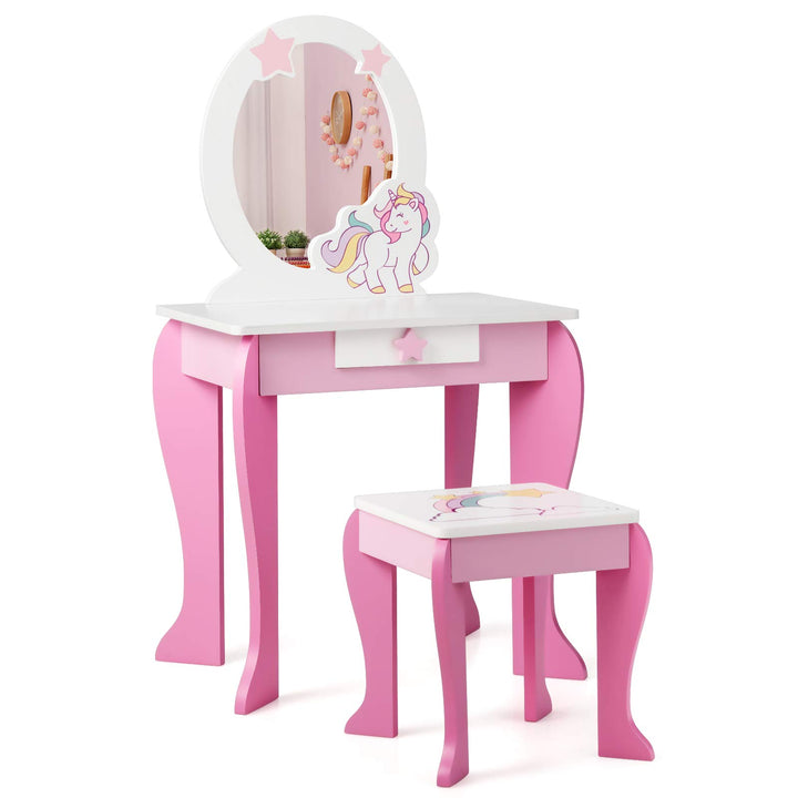 DREAMADE Kinder Schminktisch mit Hocker und Abnehmbarer Spiegel, Prinzessin Frisiertisch für Kinder,