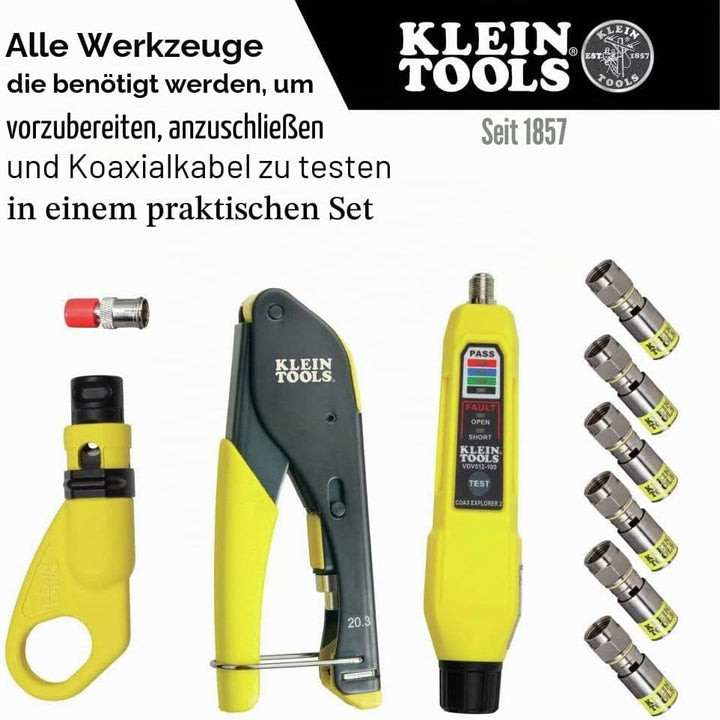 KLEIN TOOLS Koax-Installations- und Kabeltest-Set mit Crimpzange, Abisolierer, Tester und F-Steckern