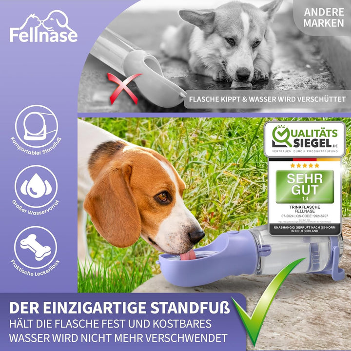 Hunde Trinkflasche für unterwegs - Mit Standfuss gegen Verschütten u. Futterspender I 550 ml Wasserf