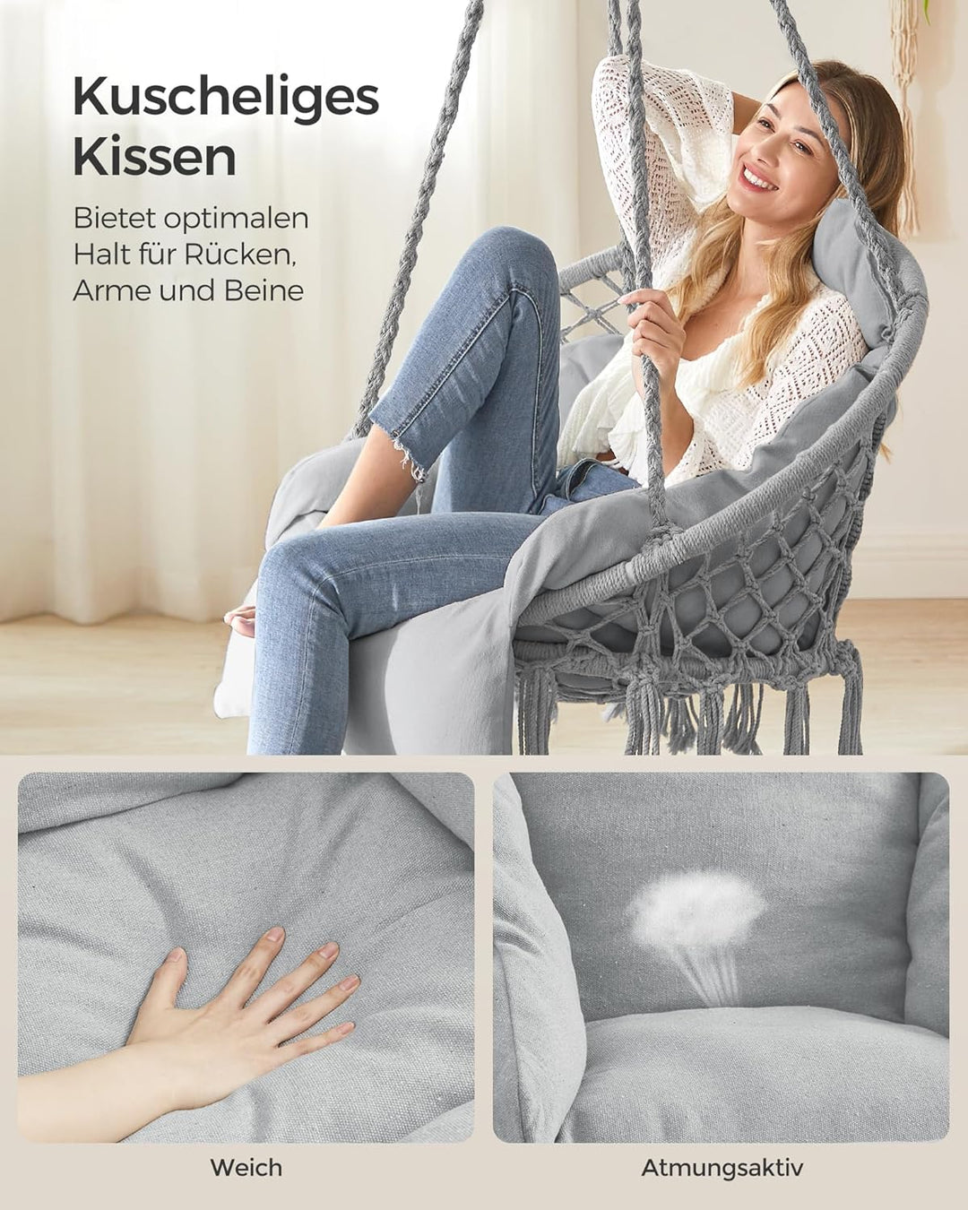 SONGMICS Hängesessel, Hängeschaukel, Hängestuhl, Dickes Kissen, skandinavischer Stil, für Wohnzimmer