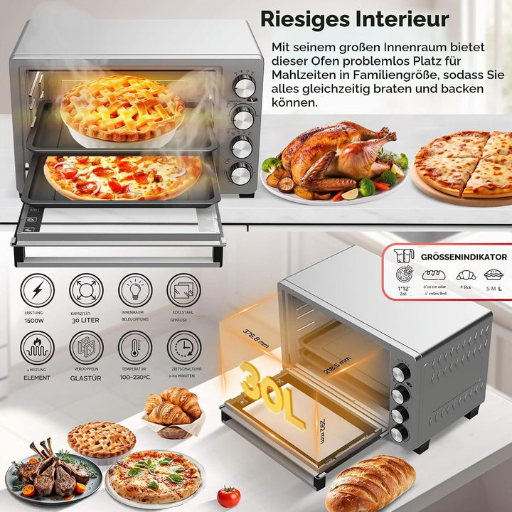 TurboTronic 30 L Elektrobackofen mit Grill, Umluft, Drehspiess &amp; Timer | Kompakter Tischbackofen aus