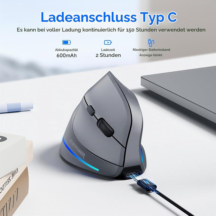ECHTPower 2.4G Vertikale Ergonomische Maus Wireless, Wiederaufladbare kabellose Funkmaus Computermau