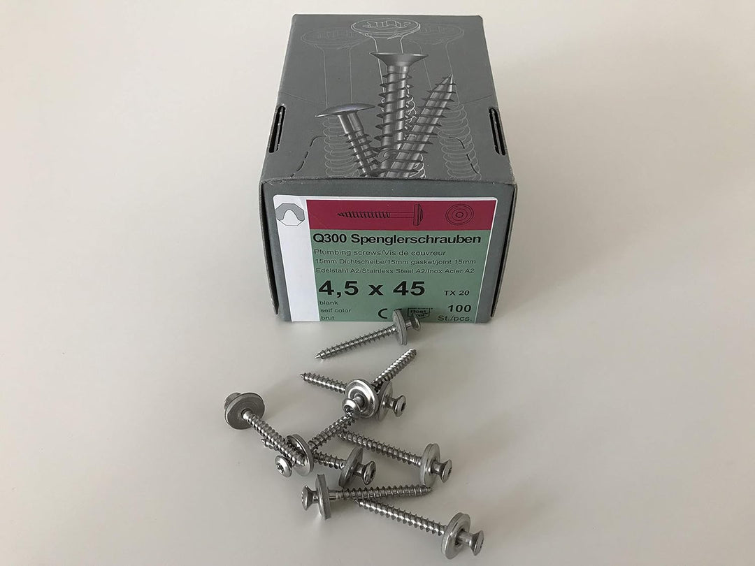Set aus je 100 Stück Abstandhalter & Spengler-Schrauben TX20 EPDM-Dichtscheiben 4,5x45mm für Sinus P