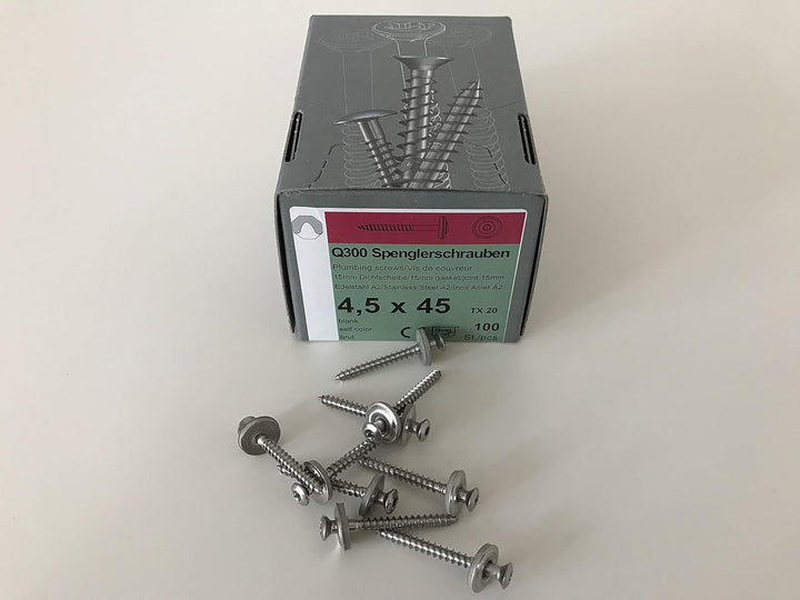 Set aus je 100 Stück Abstandhalter & Spengler-Schrauben TX20 EPDM-Dichtscheiben 4,5x45mm für Sinus P