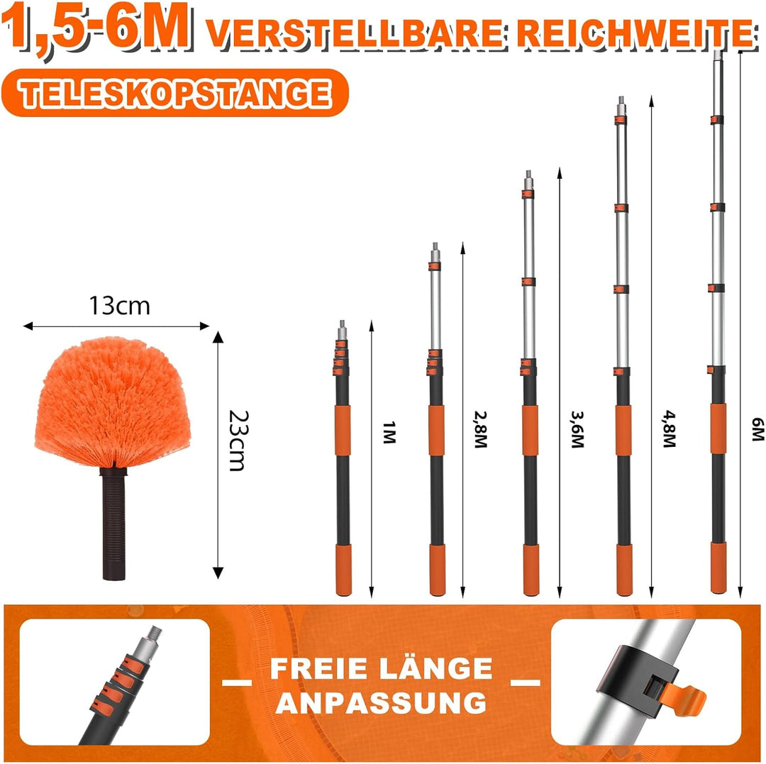 SISUPASSIE 6M Staubwedel Teleskop, Spinnenwebenentferner mit Teleskopstiel, ausziehbarer waschbarer