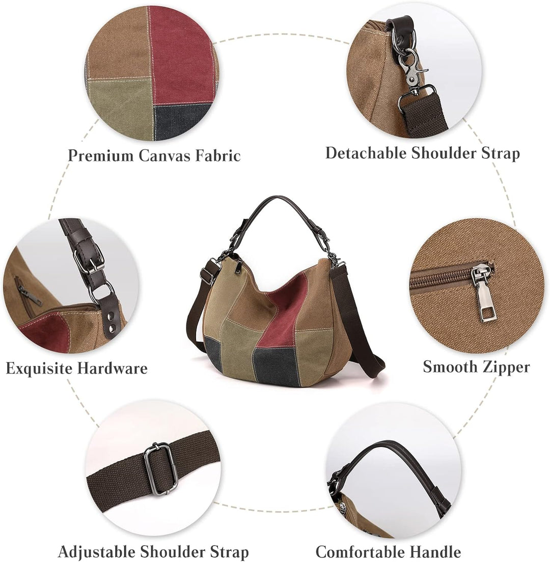 PORRASSO Retro Schultertasche Canvas Umhängetasche Damen Handtasche Hobotasche Crossbody Bag für Arb