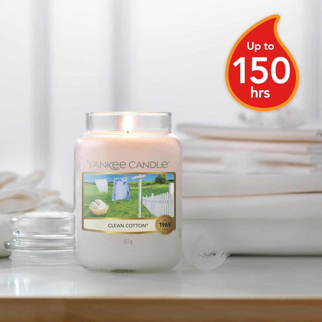 Yankee Candle Duftkerze im Glas (gross) – Clean Cotton – Kerze mit langer Brenndauer bis zu 150 Stun