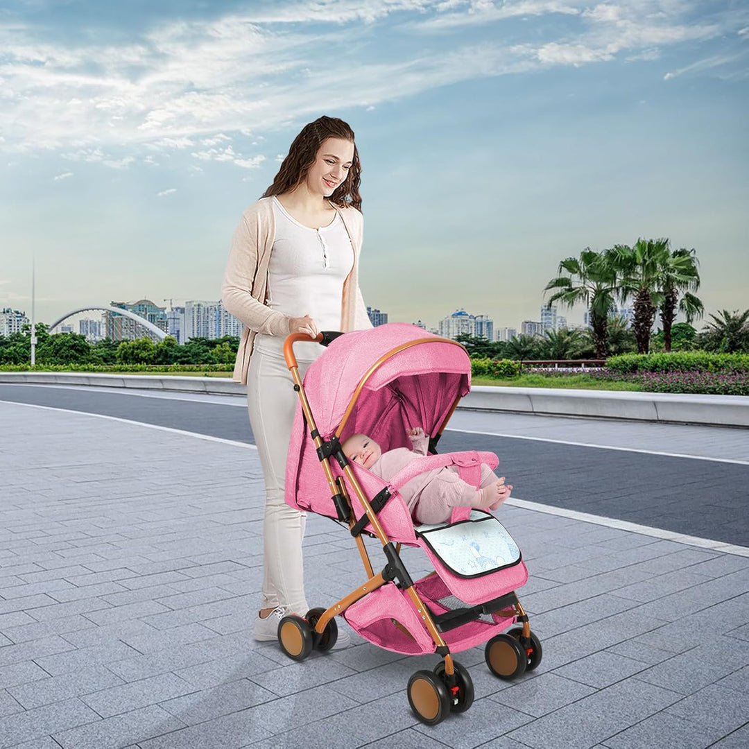 Kinderwagen 4-in-1 Liege- & Schiebefunktion, Premium 4-Rad Buggy mit Ziehgriff, Einhand-Faltmechanis