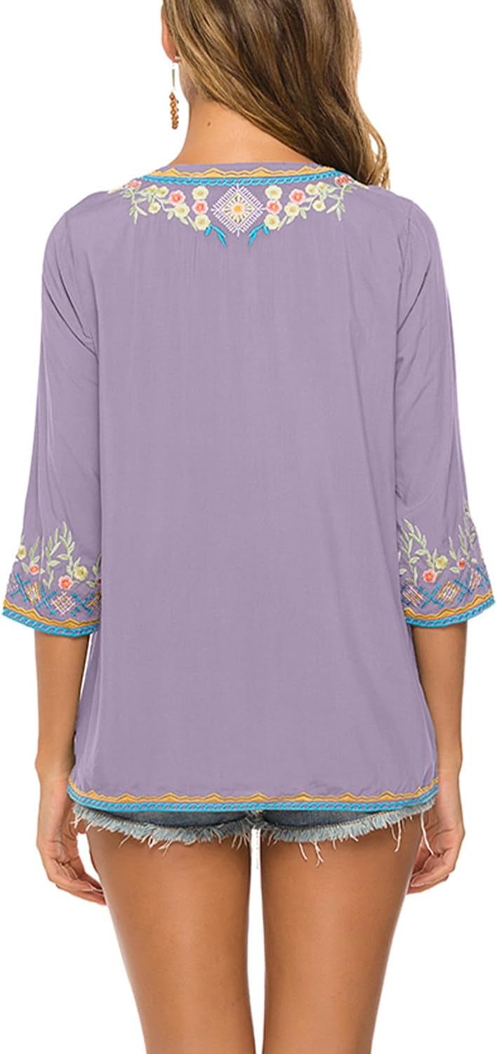Bluse Stickerei Damen Boho Bestickte Oberteile Tunika Folklore Hippie Blusen Blumenmuster Oberteil K