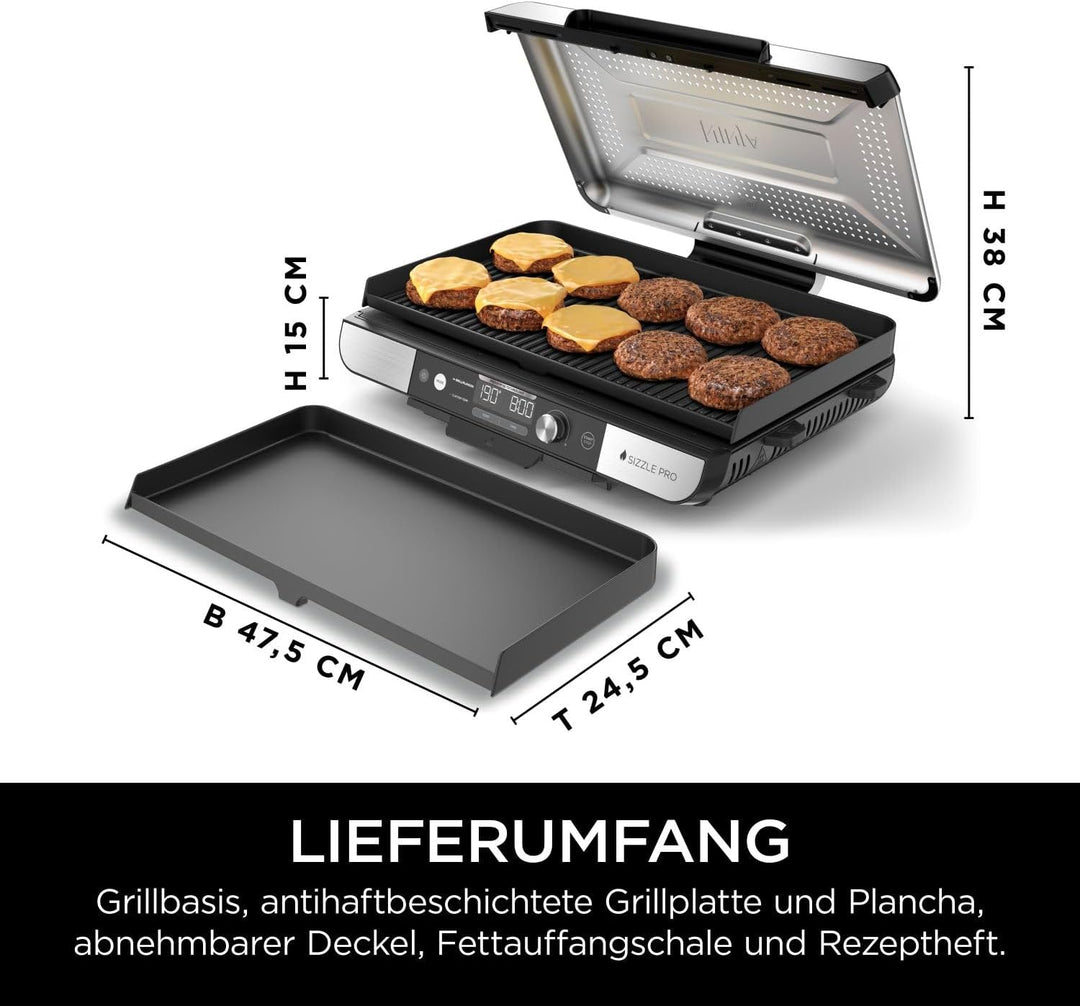 Ninja Sizzle Pro XL Indoor-Grill & Plancha, inklusive Grillplatte & oberer Plancha mit Antihaft-Kera