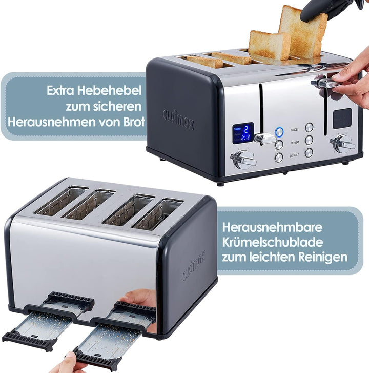 Toaster 4 Scheiben, CUSIMAX Toaster Edelstahl mit LED-Anzeige, 4 extra breite schlitze toaster schwa