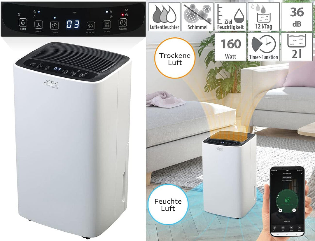 Sichler Haushaltsgeräte Lufttrockner: Smarter WLAN-Luftentfeuchter mit Timer und App, 12 Liter/Tag (