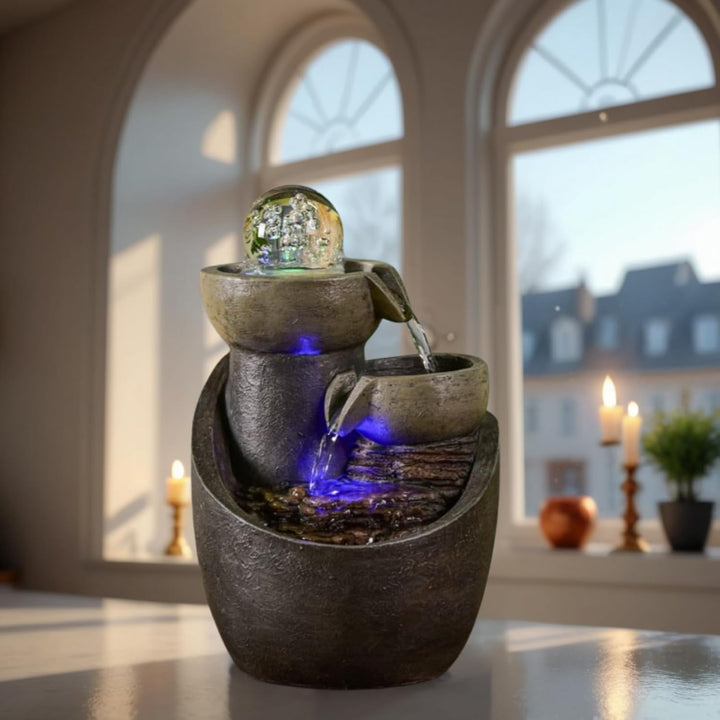 Innenbrunnen Kaskaden Glas Wasserwassereffekt Natursteinlicht LED Bunte LED, Tischbrunnen, aussergew