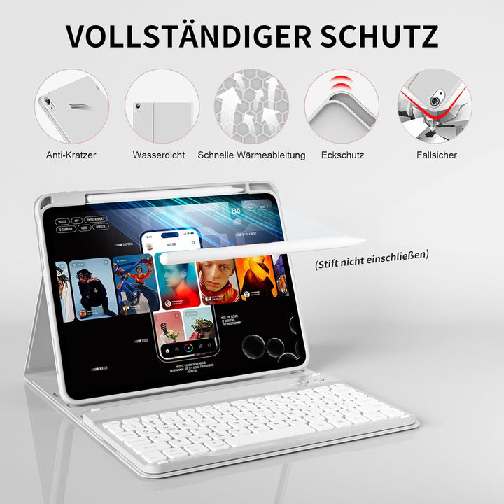 Hülle mit Tastatur für iPad A16 11/10 Generation (2025/2022, 11/10.9 Zoll) mit Stifthalter, Magnetis