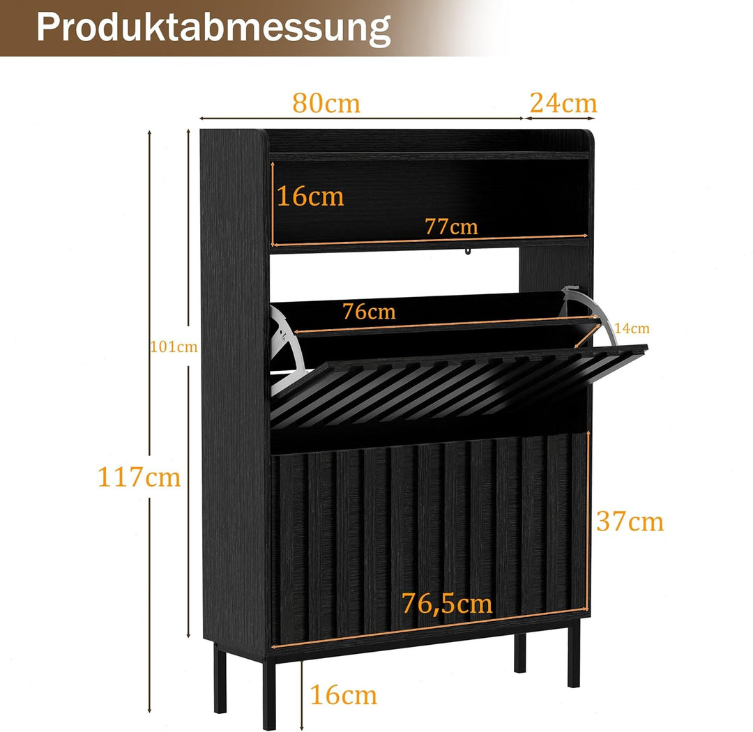 UEV Schuhschrank mit 2 Klappen Schmal, Schuhkipper für Flur Wohnzimmer, Schuhkommode mit Kippschutz,
