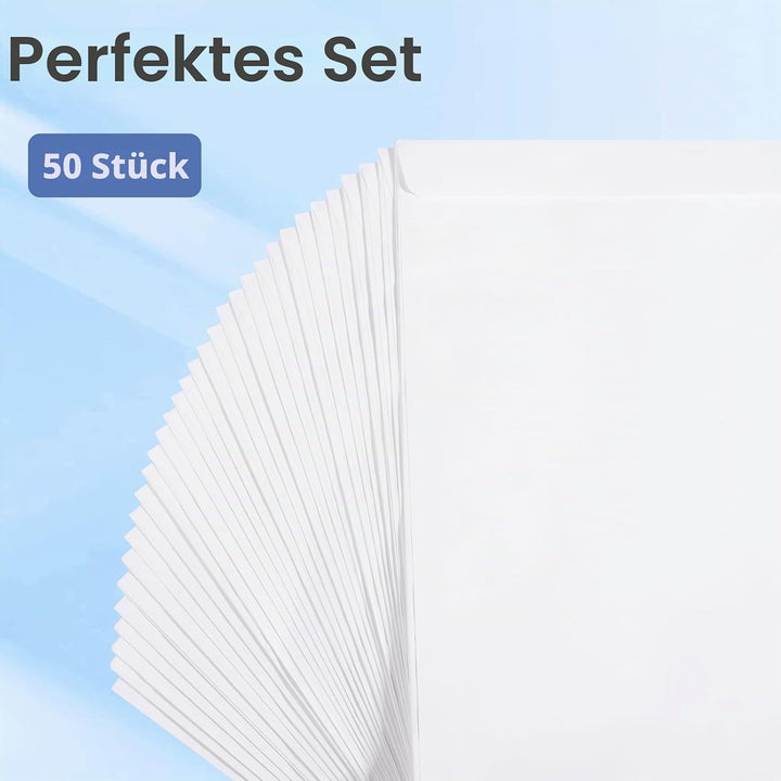 50 Stück Briefumschlag C4 A4 weiss, mit Fenster, selbstklebend, mit Abziehstreifen, Chiffre-Struktur