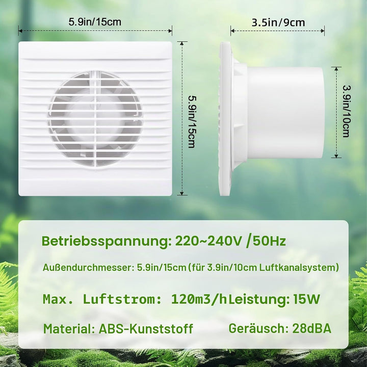 Badlüfter Ø 100mm｜Bad Lüfter Abluftventilator Decken und Wandmontage｜Leiser Betrieb｜Badezimmerlüfter