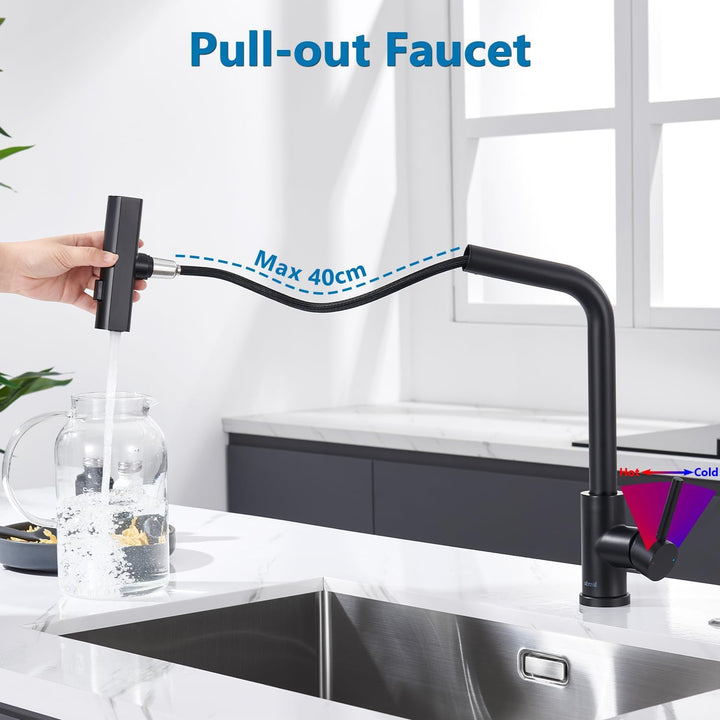 Wasserhahn Küche Schwarz, Küchenarmatur mit Brause Ausziehbar, Wasserfall Hochdruck Mischbatterie Ar