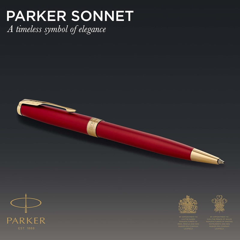 Parker Sonnet Kugelschreiber | Rote Lackierung mit Goldzierteilen | Mittlere Spitze | schwarze Tinte