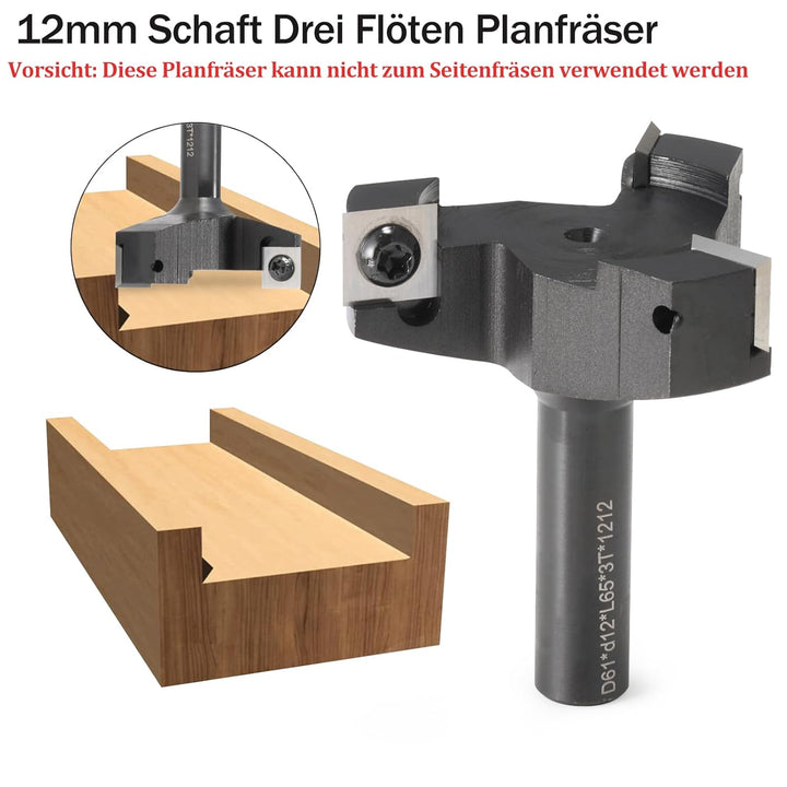 3 Flöten Planfräser 12mm schaft mit 10 austauschbaren Hartmetallmessern (12x12x1.5mm,35°) für Holz D