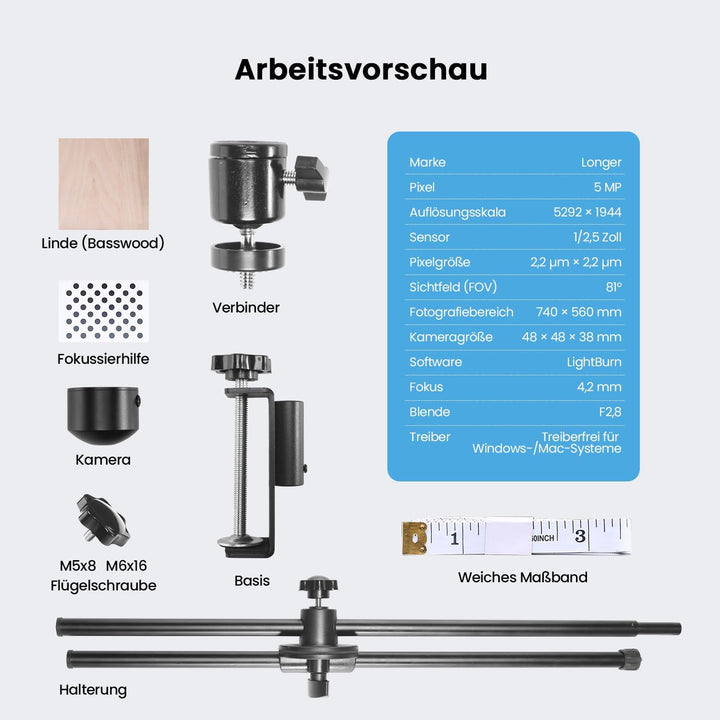 Longer LightBurn Kamera-Kit für Lasergravierer – 5MP Zeitraffer-Kamera mit präziser Positionierung,