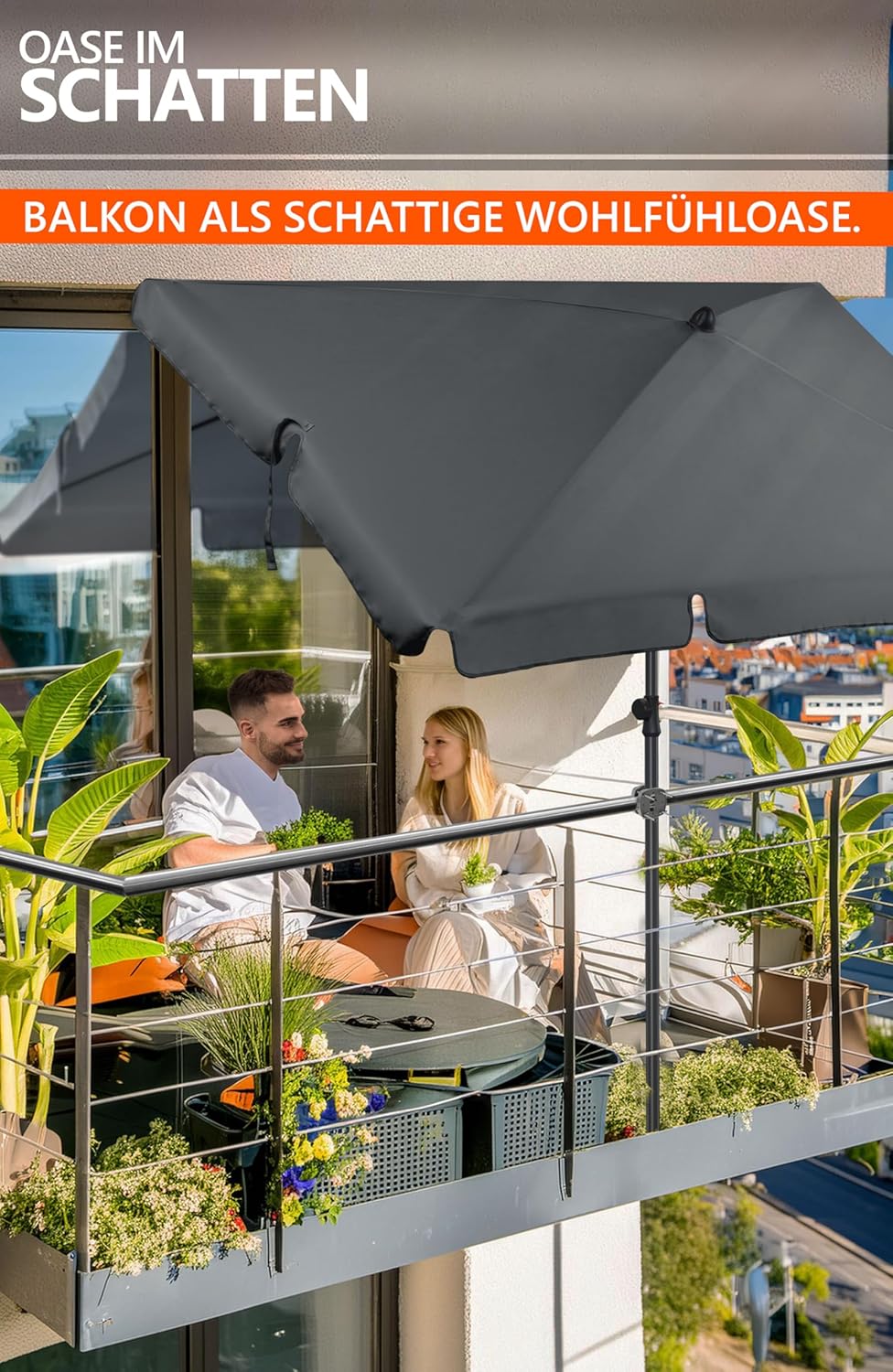 4smile Sonnenschirm Balkon SunnyShade, 200 x 125 cm, Anthrazit - UPF 50+ Sonnenschirm rechteckig als