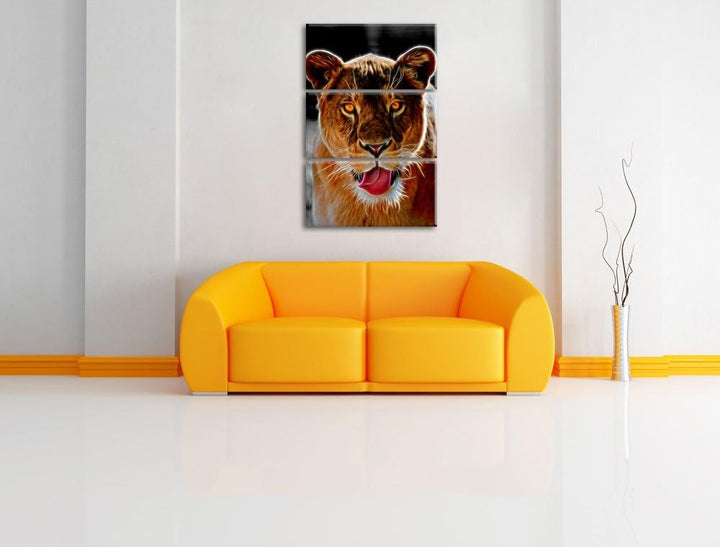Dark schöne Löwin schwarz/weiss Deluxe 3-Teiler Leinwandbild 120x80 Bild auf Leinwand, XXL riesige B