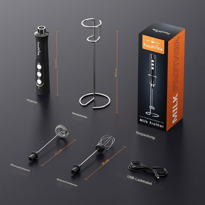 FoodVille 2-in-1 Elektrischer Milchaufschäumer, Kunststoff, schwarz, Schwarz
