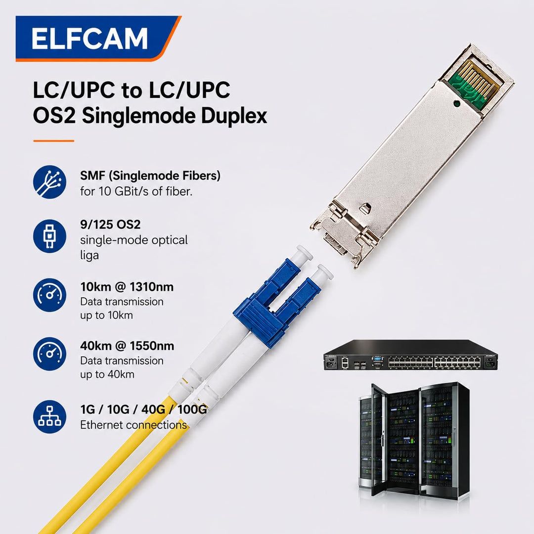 Elfcam® - LWL Glasfaser-Kabel LC/UPC auf LC/UPC Stecker, Duplex Singlemode 9/125μm OS2 Patchkabel, L