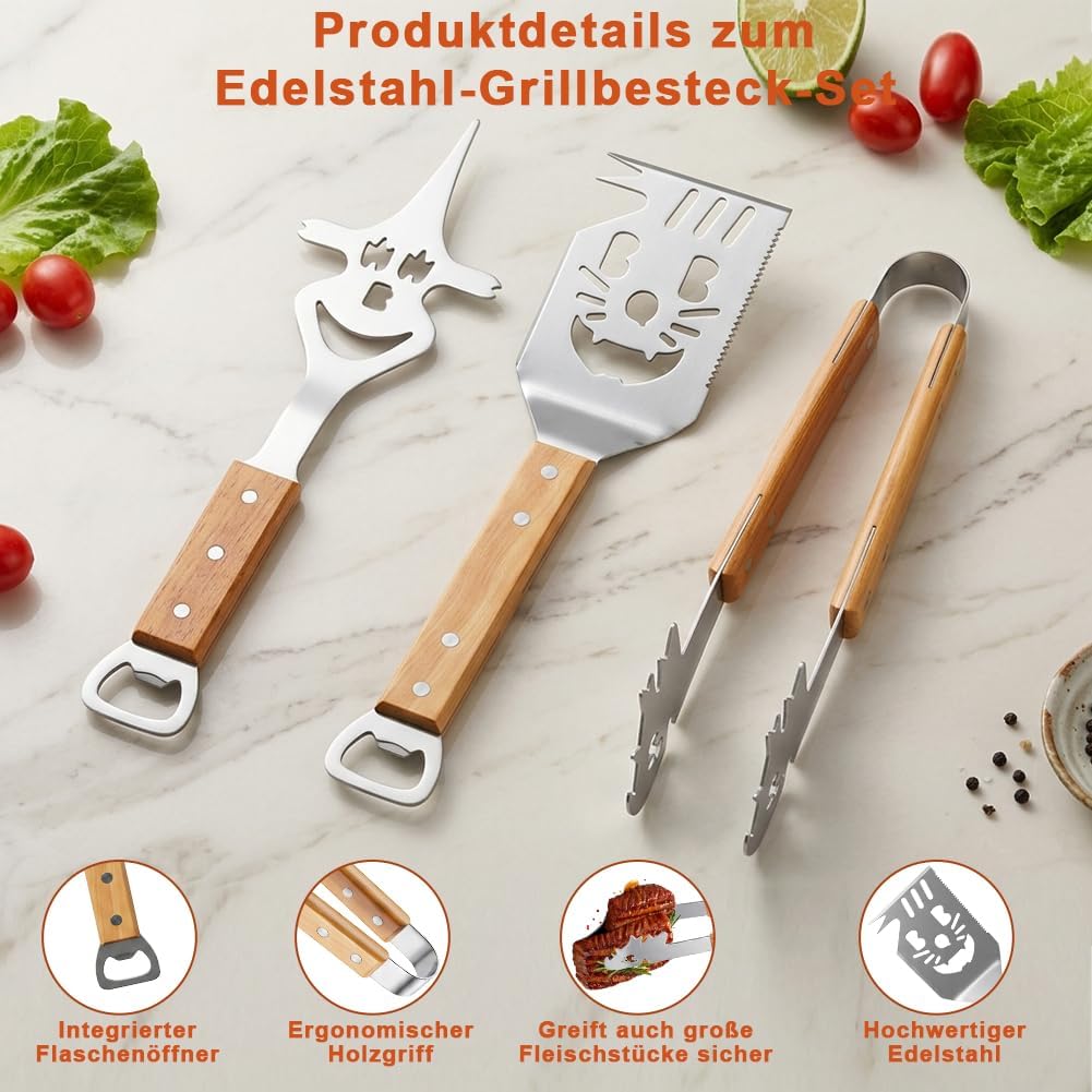 3-teilig Edelstahl BBQ Grillbesteck Set mit Holzgriﬀen, BBQ Zubehör mit Grillzange, Spatel und Gabel