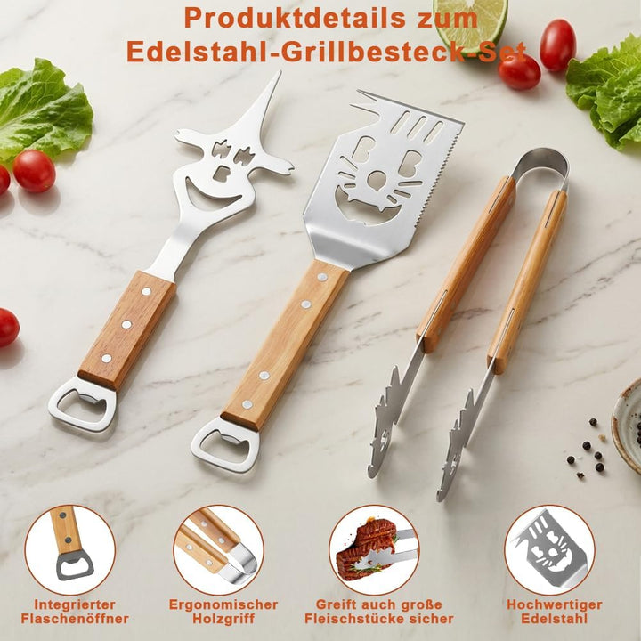 3-teilig Edelstahl BBQ Grillbesteck Set mit Holzgriﬀen, BBQ Zubehör mit Grillzange, Spatel und Gabel