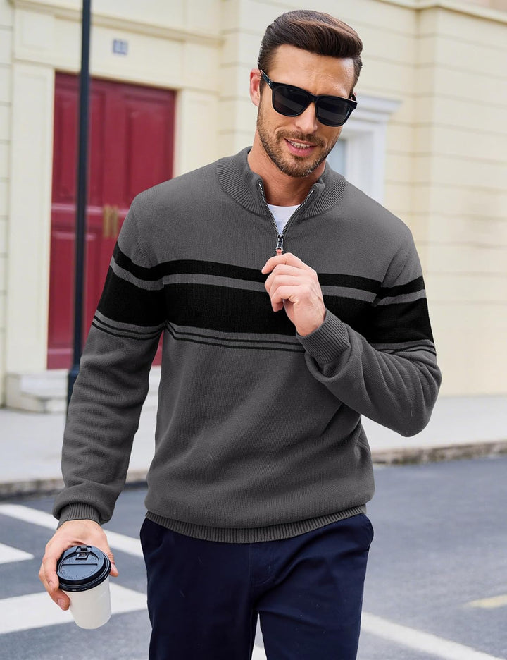 MAGCOMSEN Herren Strickpullover Stehkragen 1/4 Zip Pullover Gestreift Sweater Baumwolle Langarm Swea
